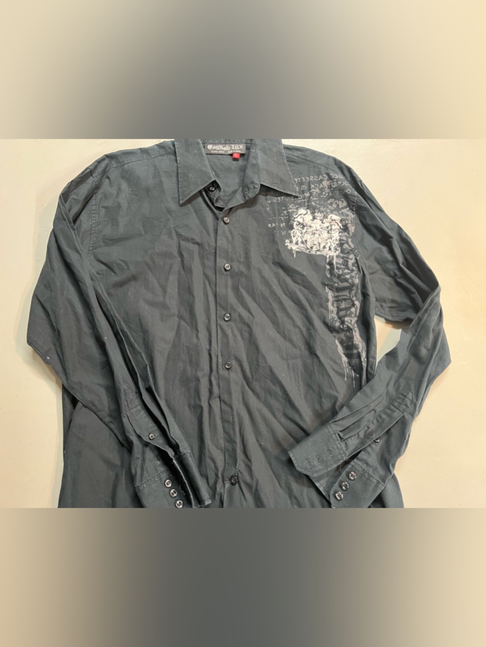 Y2K Black Graphic Button Down Shirt Mens XL Gothic Grunge Casual